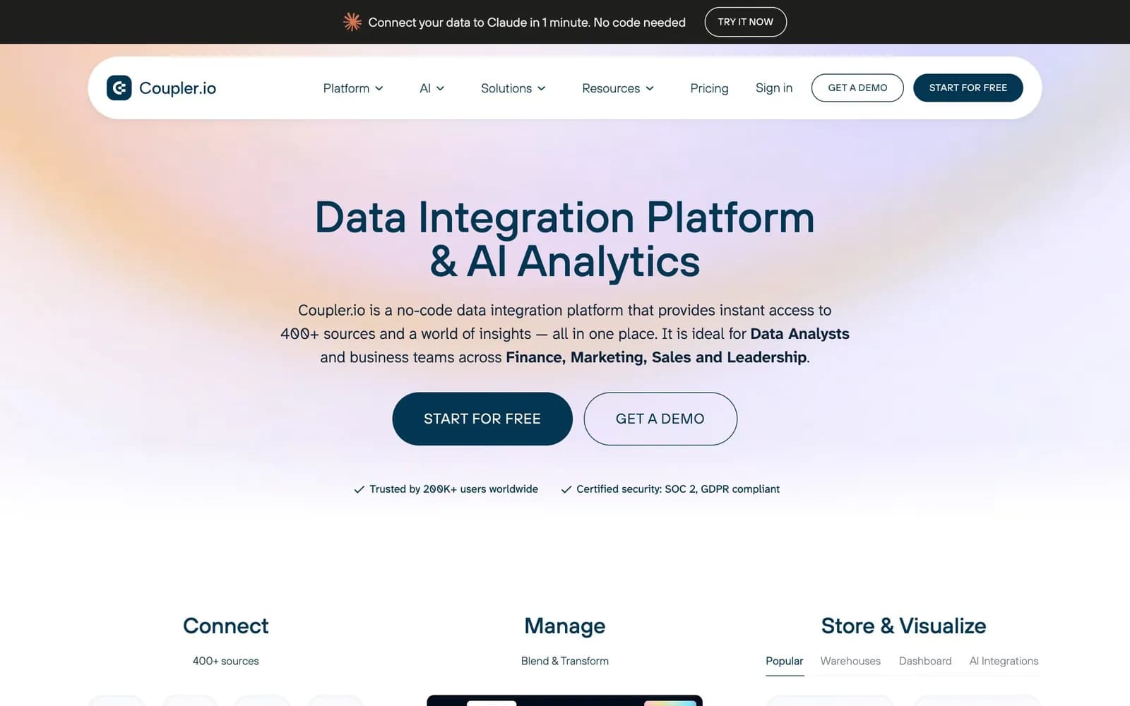 Coupler.io homepage, 23 October 2026