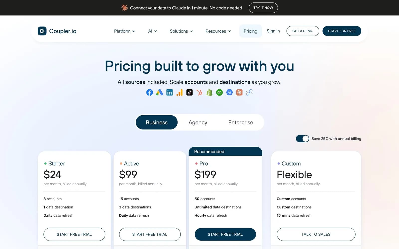 Coupler.io pricing page, 23 October 2026